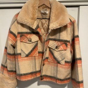 Cropped Plaid Coat with Faux Fur Trim, Size 8